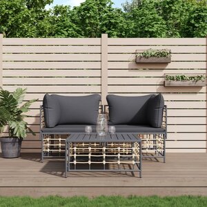 3-Delige Loungeset Met Kussens Poly Rattan Antracietkleurig Donkergrijs 2x hoek + Tafel