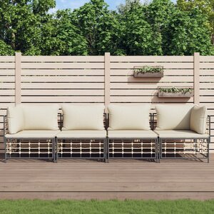 4-Delige Loungeset Met Kussens Poly Rattan Antracietkleurig Beige 2x hoek + 2x midden