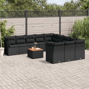 12-Delige Loungeset Met Kussens Poly Rattan Zwart