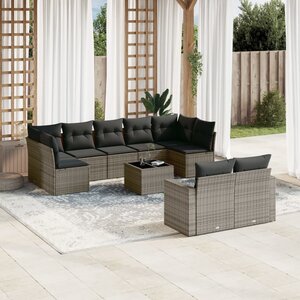 10-Delige Loungeset Met Kussens Poly Rattan Grijs